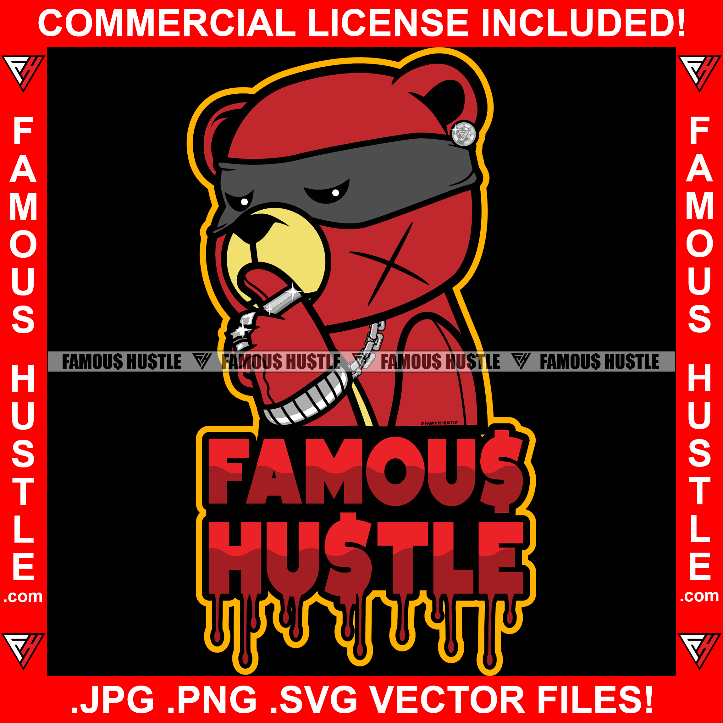 Famous Hustle  Gangster Teddy Bear Scar Face Silver Jewelry Thinking Burglar Eye Mask Rapper Dope Baller Trapper Hustling Flex Quote Art Graphic Design Logo T-Shirt Print Printing JPG PNG SVG Vector Cut File