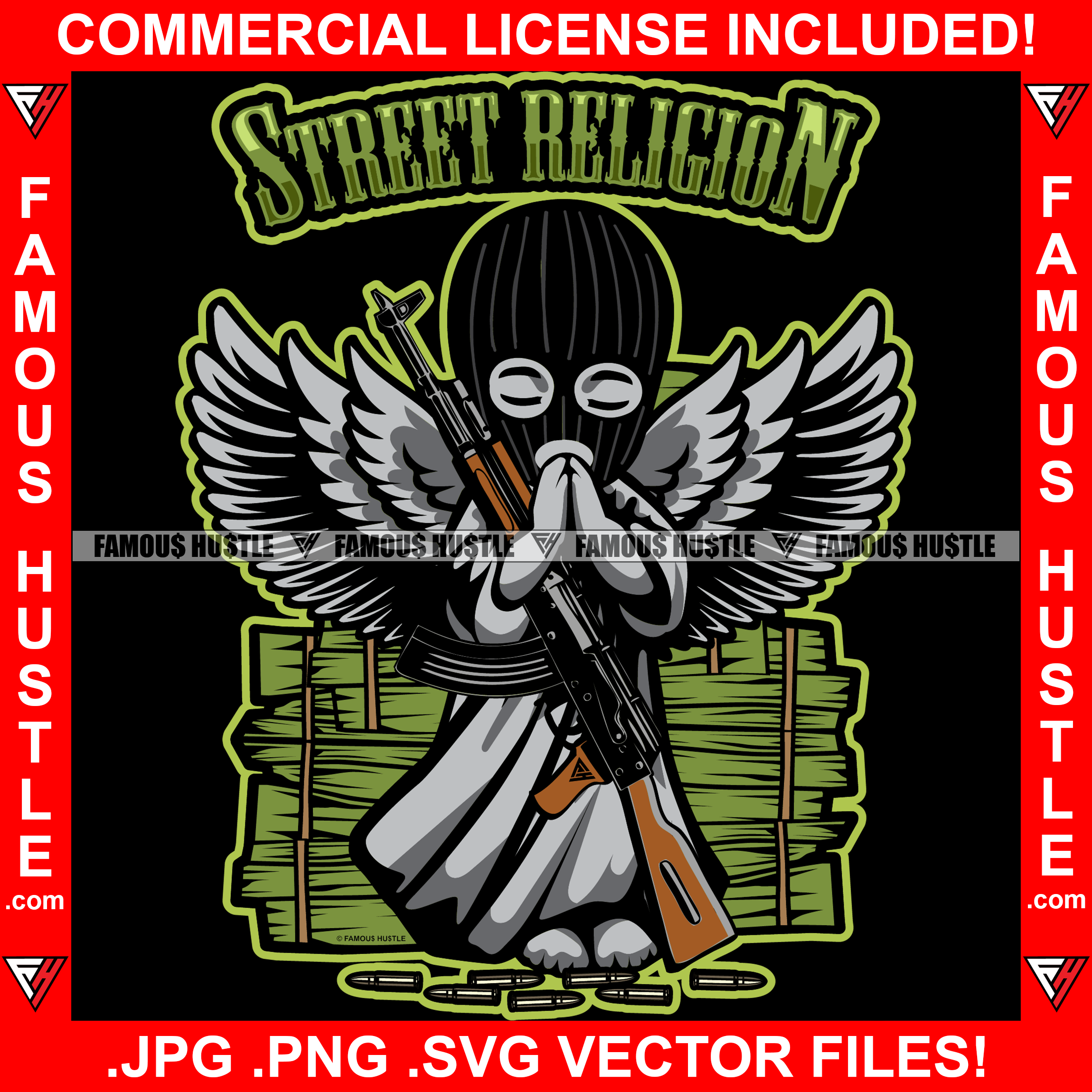 Street Religion Gangster Statue Angel Wings Ski Mask Praying Machine Gun Bullets Cash Money Stacks Hip Hop Rap Rapper Plug Trap Street Hood Ghetto Swag Thug Boss Hustler Quote Art Graphic Design Logo T-Shirt Print Printing JPG PNG SVG Vector Cut File
