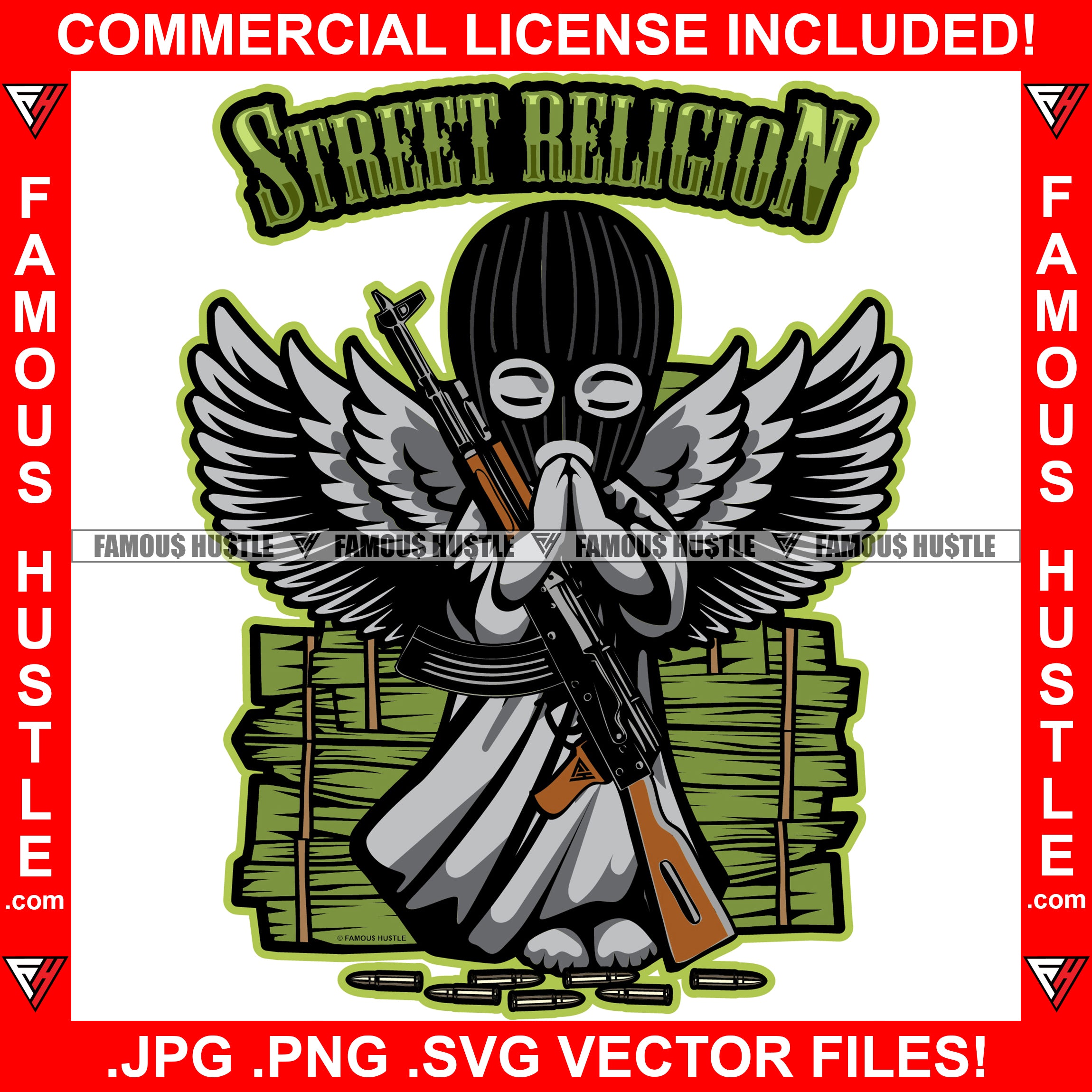 Street Religion Gangster Statue Angel Wings Ski Mask Praying Machine Gun Bullets Cash Money Stacks Hip Hop Rap Rapper Plug Trap Street Hood Ghetto Swag Thug Boss Hustler Quote Art Graphic Design Logo T-Shirt Print Printing JPG PNG SVG Vector Cut File