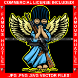 Gangster Angel Wings Wearing Ski Mask Praying Machine Gun Bullets Hip Hop Rap Rapper Plug Trap Street Hood Ghetto Swag Thug Hustler Hustling Drip Famous Hustle Art Graphic Design Logo T-Shirt Print Printing JPG PNG SVG Vector Cut File