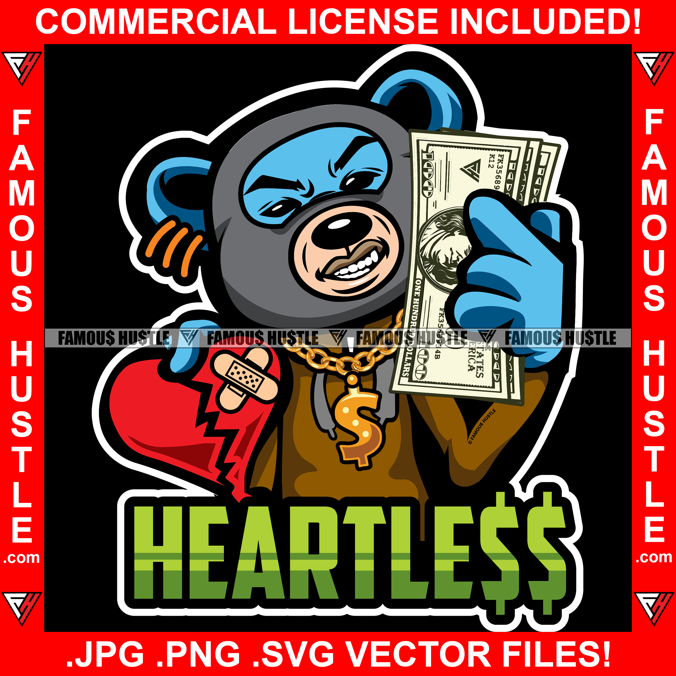 Heartless Gangster Teddy Bear In Ski Mask Holding Broken Heart Cash Money Gold Chain Necklace Hip Hop Rap Trap Street Hood Ghetto Thug Hustler Hustling Drip Famous Hustle Quote Art Graphic Design Logo T-Shirt Print Printing JPG PNG SVG Vector Cut File