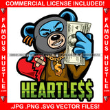 Heartless Gangster Teddy Bear In Ski Mask Holding Broken Heart Cash Money Gold Chain Necklace Hip Hop Rap Trap Street Hood Ghetto Thug Hustler Hustling Drip Famous Hustle Quote Art Graphic Design Logo T-Shirt Print Printing JPG PNG SVG Vector Cut File