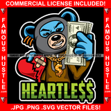 Heartless Gangster Teddy Bear In Ski Mask Holding Broken Heart Cash Money Gold Chain Necklace Hip Hop Rap Trap Street Hood Ghetto Thug Hustler Hustling Drip Famous Hustle Quote Art Graphic Design Logo T-Shirt Print Printing JPG PNG SVG Vector Cut File