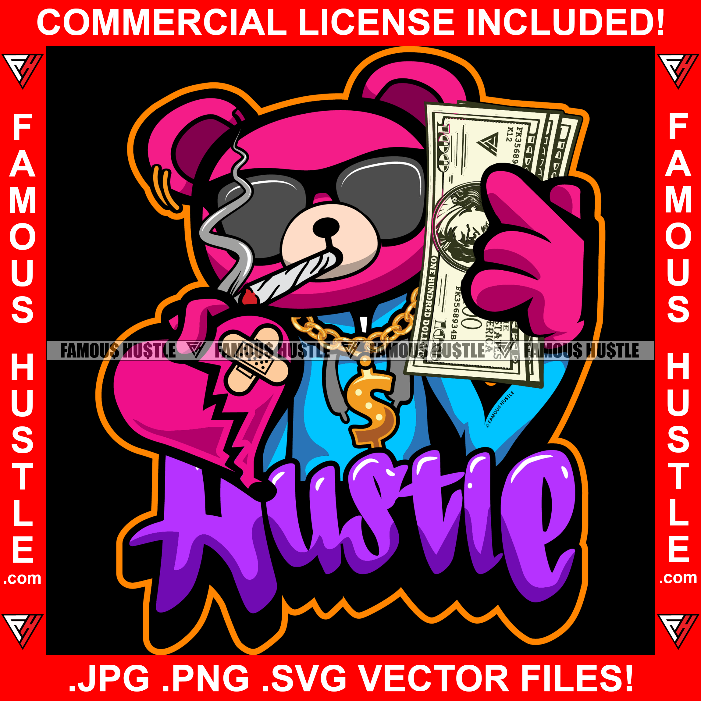 Hustle Teddy Bear Black Glasses Showing Cash Money Hand Sign Gold Jewelry Necklace Bracelet Holding Red Bandage Heart Tattoo Hip Hop Rap Hustler Famous Hustle Art Graphic Design Logo T-Shirt Print Printing JPG PNG SVG Vector Cut File