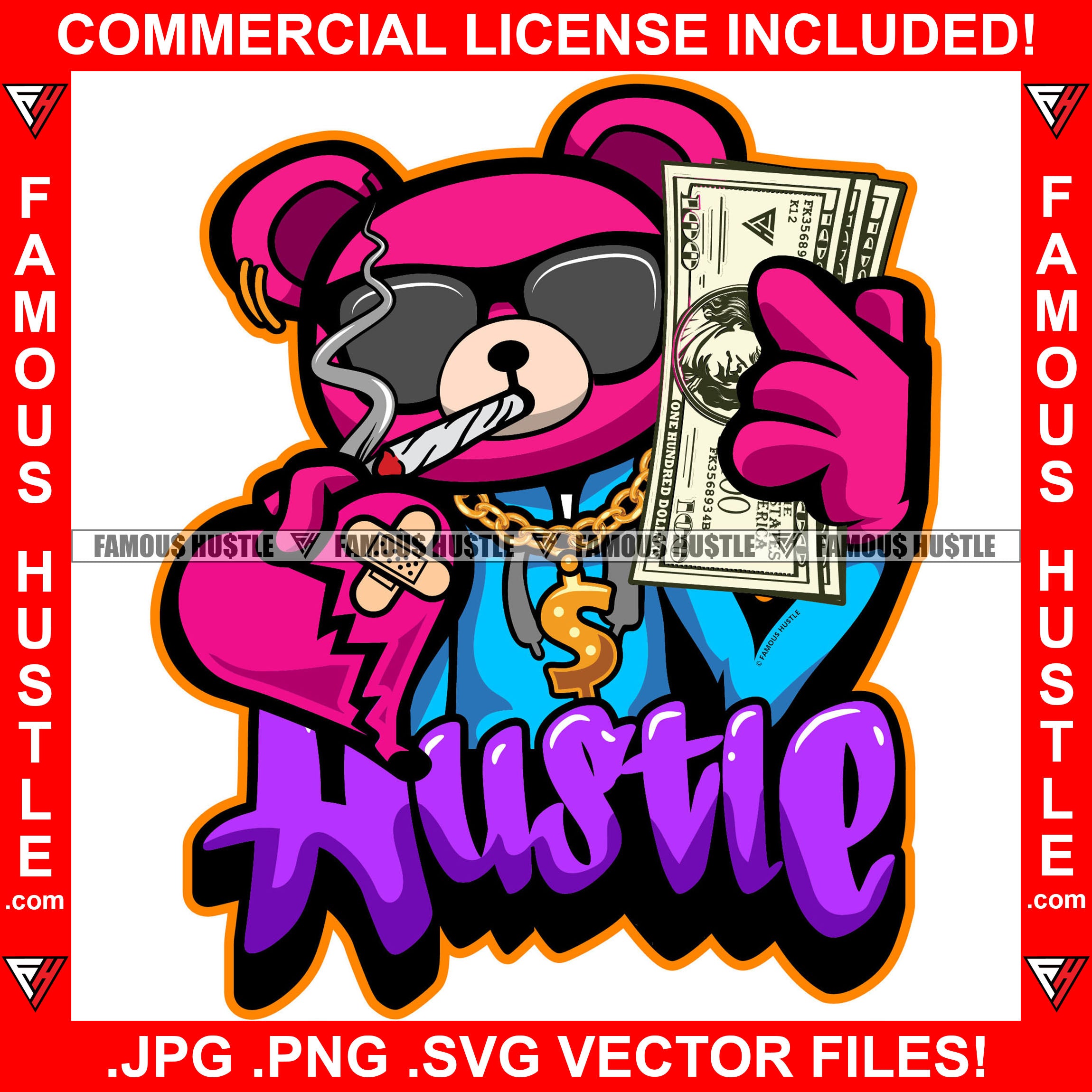 Hustle Teddy Bear Black Glasses Showing Cash Money Hand Sign Gold Jewelry Necklace Bracelet Holding Red Bandage Heart Tattoo Hip Hop Rap Hustler Famous Hustle Art Graphic Design Logo T-Shirt Print Printing JPG PNG SVG Vector Cut File