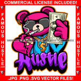 Hustle Teddy Bear Black Glasses Showing Cash Money Hand Sign Gold Jewelry Necklace Bracelet Holding Red Bandage Heart Tattoo Hip Hop Rap Hustler Famous Hustle Art Graphic Design Logo T-Shirt Print Printing JPG PNG SVG Vector Cut File