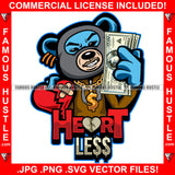 Heartless Gangster Teddy Bear Ski Mask Holding Broken Heart Cash Money Gold Chain Necklace Hip Hop Rap Rapper Plug Trap Street Hood Ghetto Swag Famous Hustle Quote Art Graphic Design Logo T-Shirt Print Printing JPG PNG SVG Vector Cut File