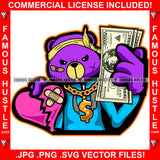 Famous Hustle Teddy Bear Scar Face Head Bandanna Showing Cash Money Hand Sign Gold Dollar Jewelry Necklace Bracelet Holding Red Bandage Heart Tattoo Hip Hop Rap Hustler Art Graphic Design Logo T-Shirt Print Printing JPG PNG SVG Vector Cut File