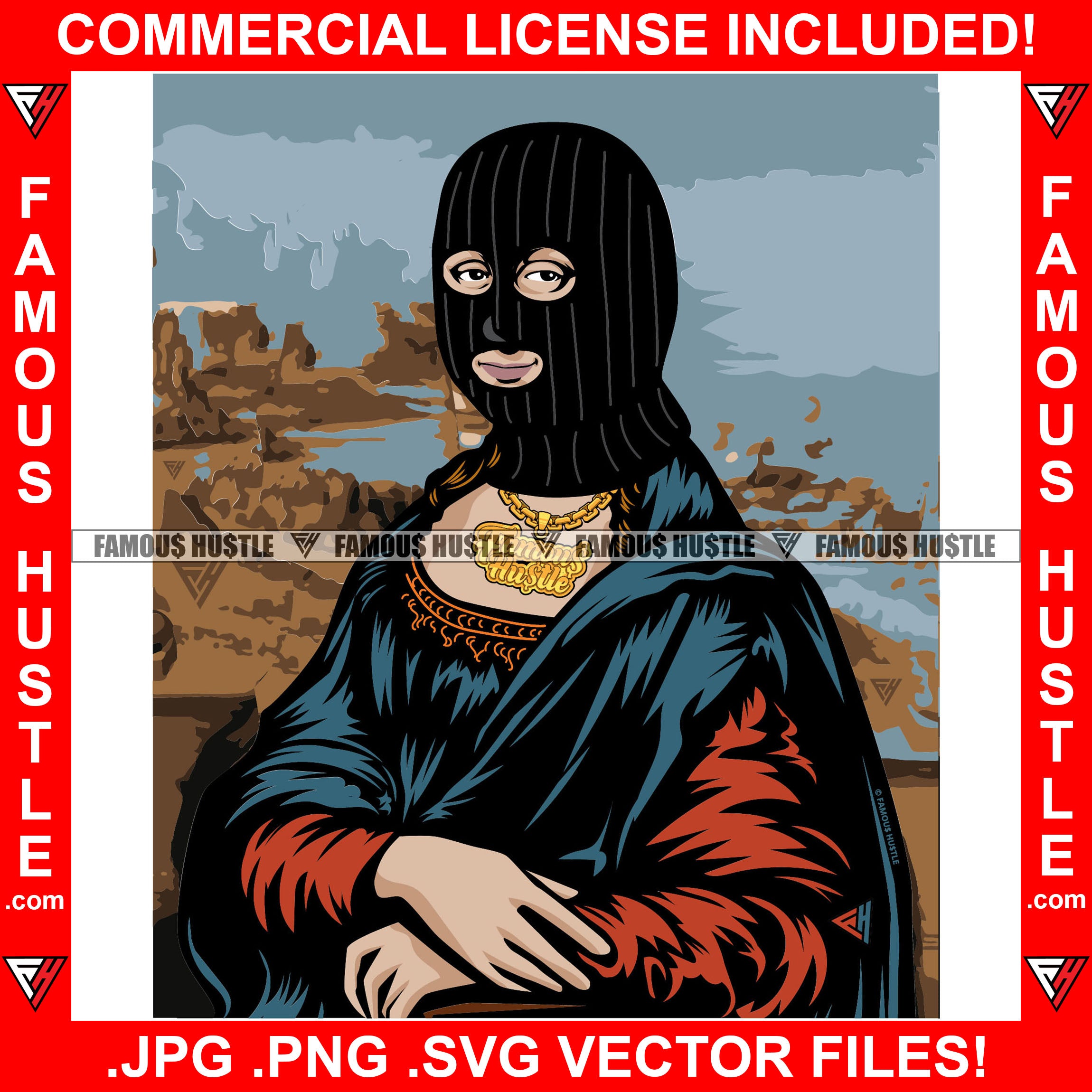 Gangster Mona Lisa Black Ski Mask Vintage Picture Gold Necklace Hip Hop Rap Rapper Plug Trap Street Hustler Hustling Gang Member Trap Trapper Gangsta Art Graphic Design Logo T-Shirt Print Printing JPG PNG SVG Vector Cut File