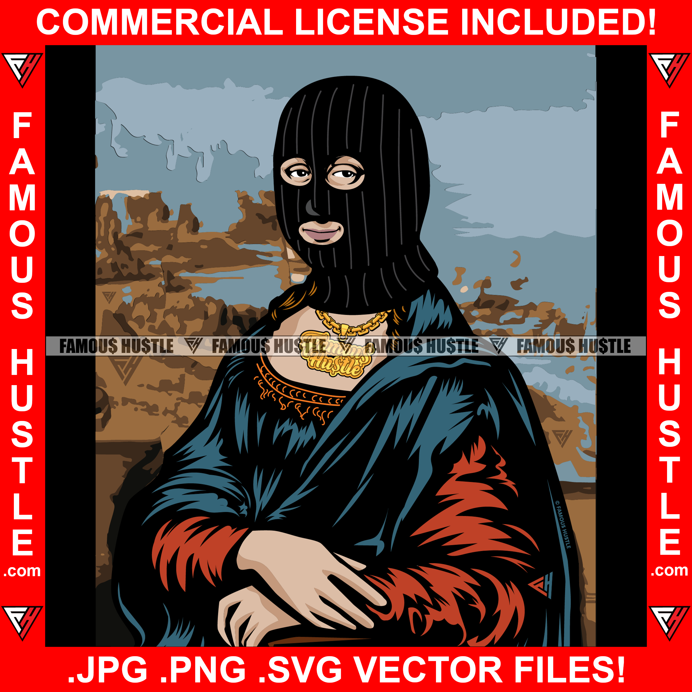 Gangster Mona Lisa Black Ski Mask Vintage Picture Gold Necklace Hip Hop Rap Rapper Plug Trap Street Hustler Hustling Gang Member Trap Trapper Gangsta Art Graphic Design Logo T-Shirt Print Printing JPG PNG SVG Vector Cut File