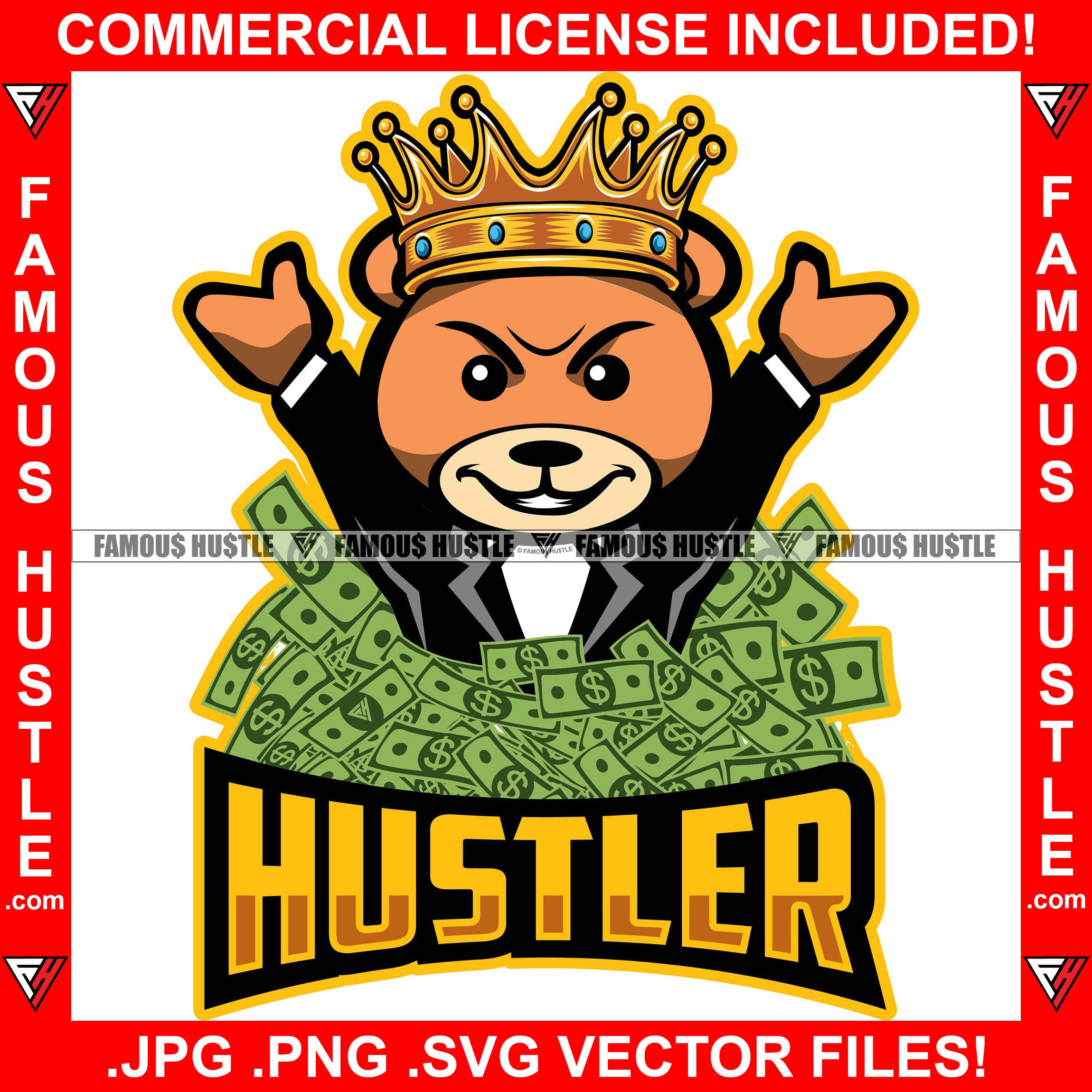 Hustler Teddy Bear King In Tuxedo Suit Throwing Money Making It Rain Cash Hip Hop Rap Rapper Plug Trap Street Hood Ghetto Swag Thug Hustler Hustling Flex Drip Famous Hustle Quote Art Graphic Design Logo T-Shirt Print Printing JPG PNG SVG Vector Cut File