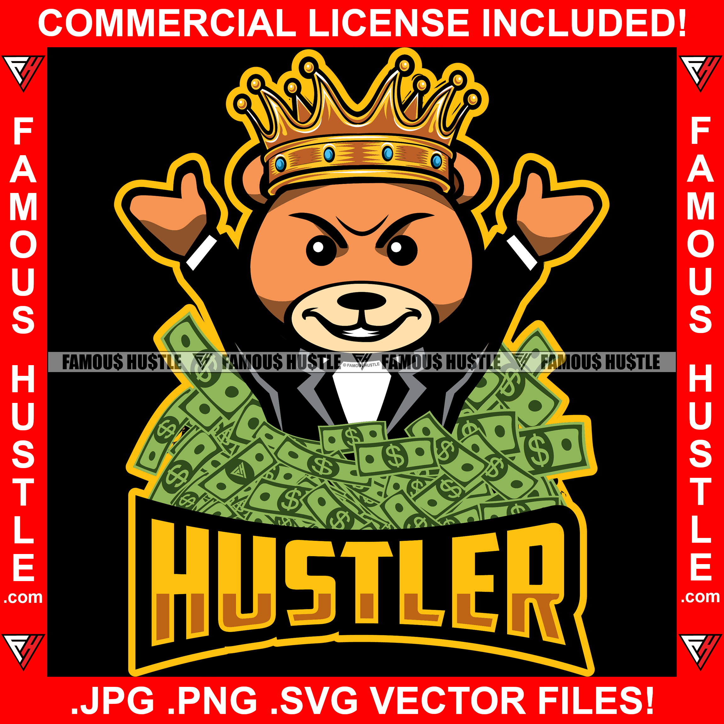 Hustler Teddy Bear King In Tuxedo Suit Throwing Money Making It Rain Cash Hip Hop Rap Rapper Plug Trap Street Hood Ghetto Swag Thug Hustler Hustling Flex Drip Famous Hustle Quote Art Graphic Design Logo T-Shirt Print Printing JPG PNG SVG Vector Cut File