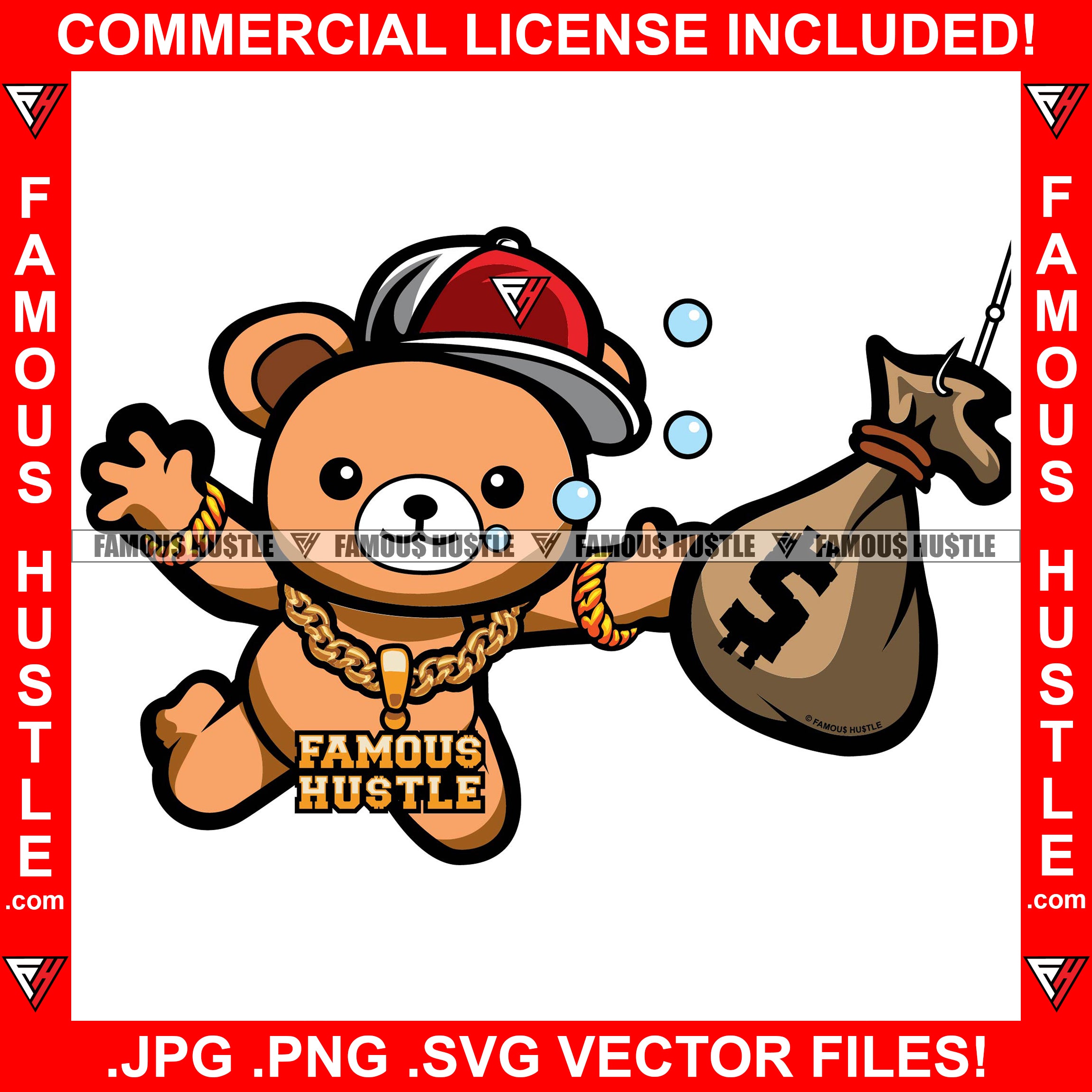 Famous Hustle Teddy Bear Gold Jewelry Underwater Grabbing Money Bag From Fishing Hook Hip Hop Rap Rapper Plug Trap Street Hood Ghetto Swag Thug Hustler Hustling Famous Rich Art Graphic Design Logo T-Shirt Print Printing JPG PNG SVG Vector Cut File