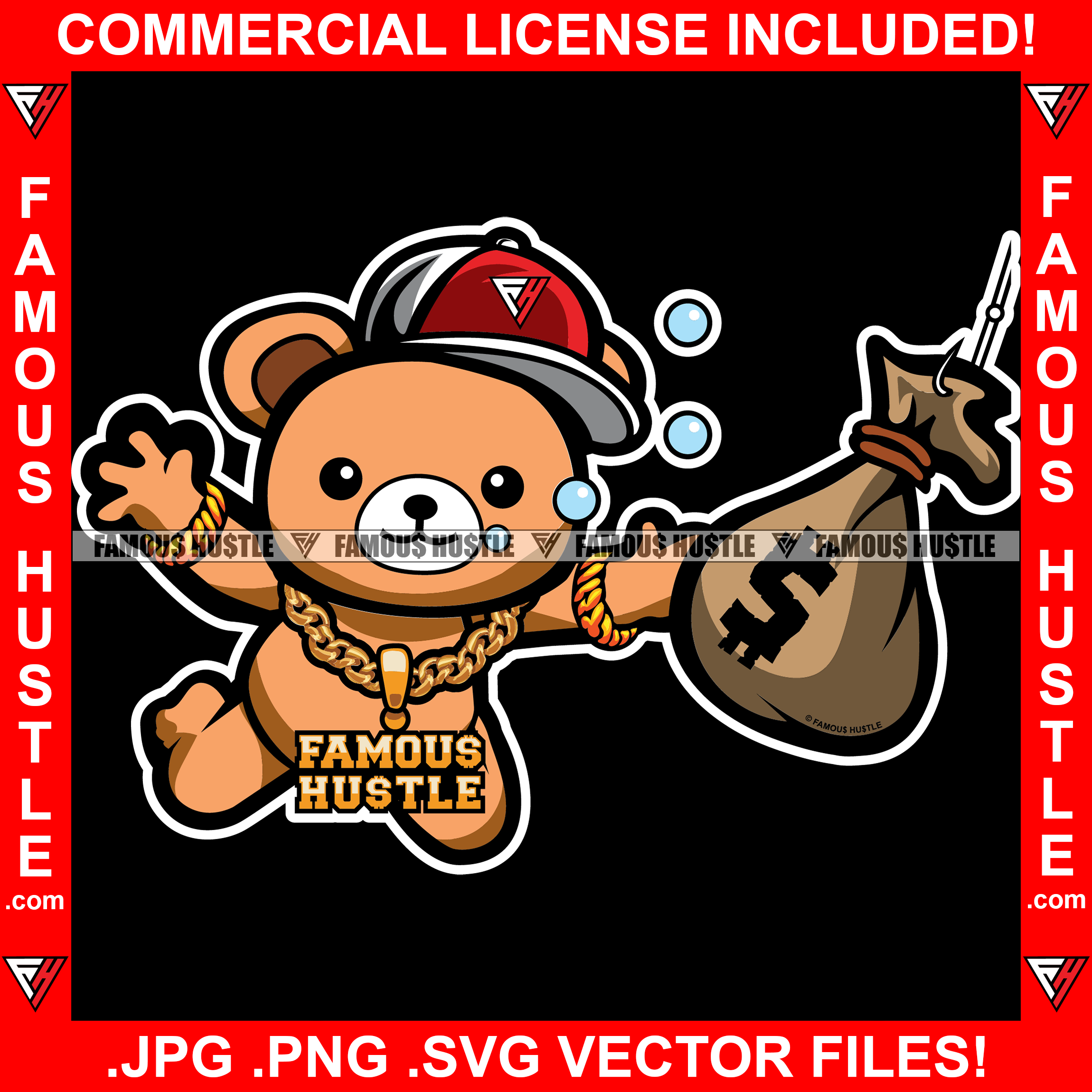 Famous Hustle Teddy Bear Gold Jewelry Underwater Grabbing Money Bag From Fishing Hook Hip Hop Rap Rapper Plug Trap Street Hood Ghetto Swag Thug Hustler Hustling Famous Rich Art Graphic Design Logo T-Shirt Print Printing JPG PNG SVG Vector Cut File