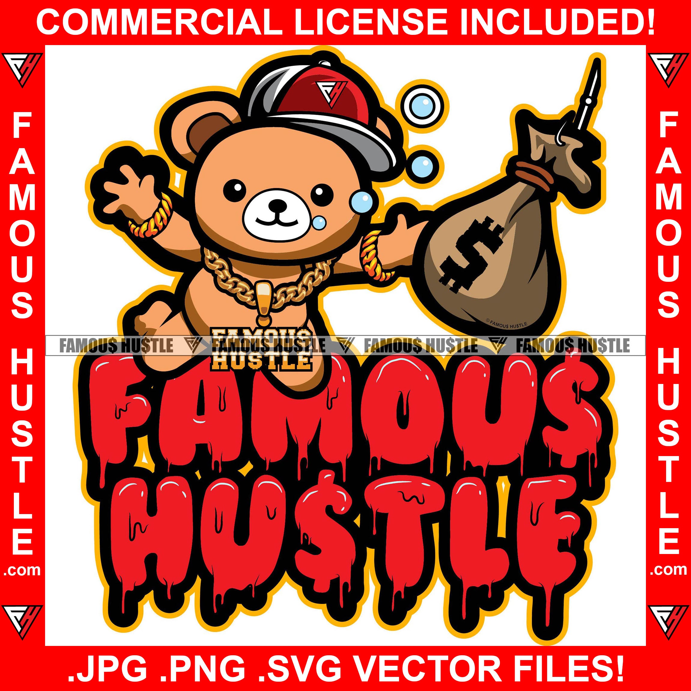 Famous Hustle Happy Teddy Bear In Water Catching Cash Money Bag On Fishing Hook In Water Gold Jewelry Necklace Chain Baseball Cap Hip Hop Rap Hustler Hustling Gangster Quote Art Graphic Design Logo T-Shirt Print Printing JPG PNG SVG Vector Cut File