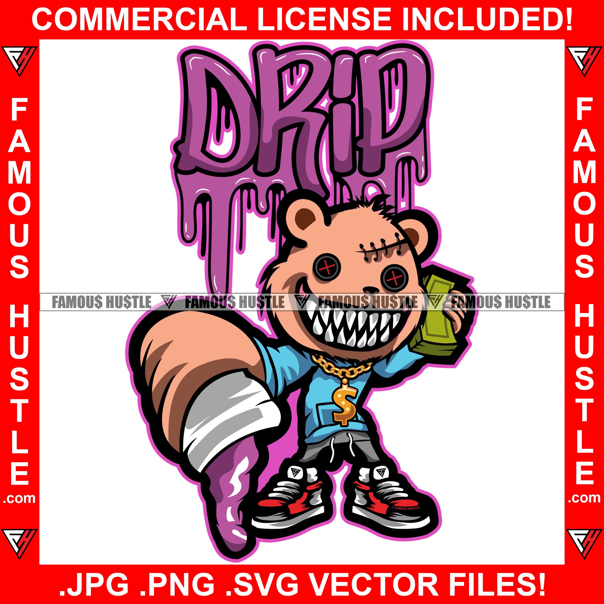 Drip Gangster Horror Teddy Bear Pouring Out Purple Drink Lean Cup Sharp Teeth Stitches Head Chain Necklace Phone Cash Money Bags Hip Hop Rap Trap Street Hood Ghetto Swag Thug Quote Art Graphic Design Logo T-Shirt Print Printing JPG PNG SVG Vector Cut File