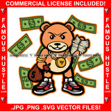 Money Talks Famous Hustle Gangster Teddy Bear Mean Face Gold Chain Necklace Falling Cash Money $100 Dollar Bag Bills Raining Down Making It Rain Hip Hop Rap Hustler Boss Drip Swag Art Graphic Design Print Printing Vector SVG Cut File