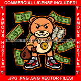 Money Talks Famous Hustle Gangster Teddy Bear Mean Face Gold Chain Necklace Falling Cash Money $100 Dollar Bag Bills Raining Down Making It Rain Hip Hop Rap Hustler Boss Drip Swag Art Graphic Design Print Printing Vector SVG Cut File