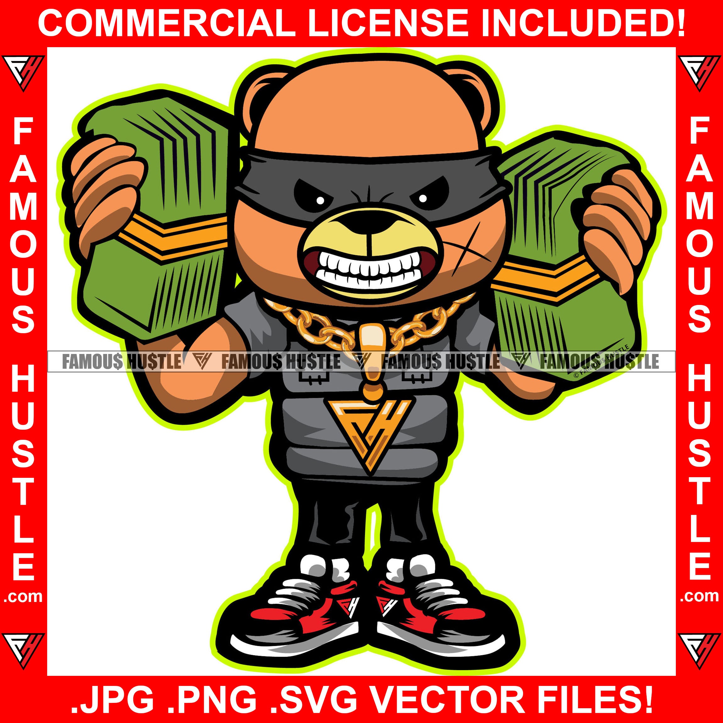 Gangster Teddy Bear Gold Necklace Mean Face Burglar Eye Mask Hip Hop Street Hood Ghetto Thug Hustler Hustling Drip Dripping Savage Famous Hustle Art Graphic Design Print Printing Vector SVG Cut File