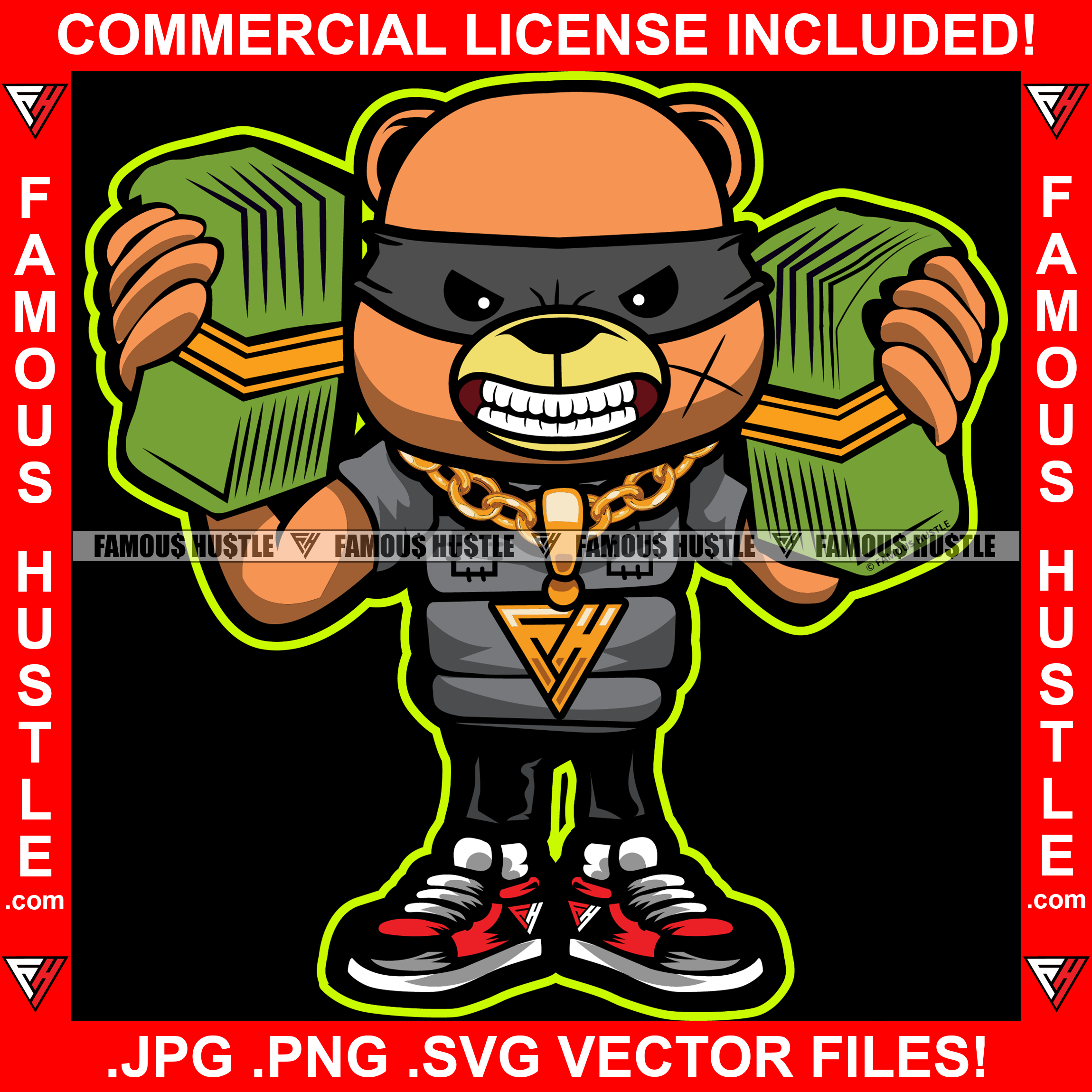 Gangster Teddy Bear Gold Necklace Mean Face Burglar Eye Mask Hip Hop Street Hood Ghetto Thug Hustler Hustling Drip Dripping Savage Famous Hustle Art Graphic Design Print Printing Vector SVG Cut File