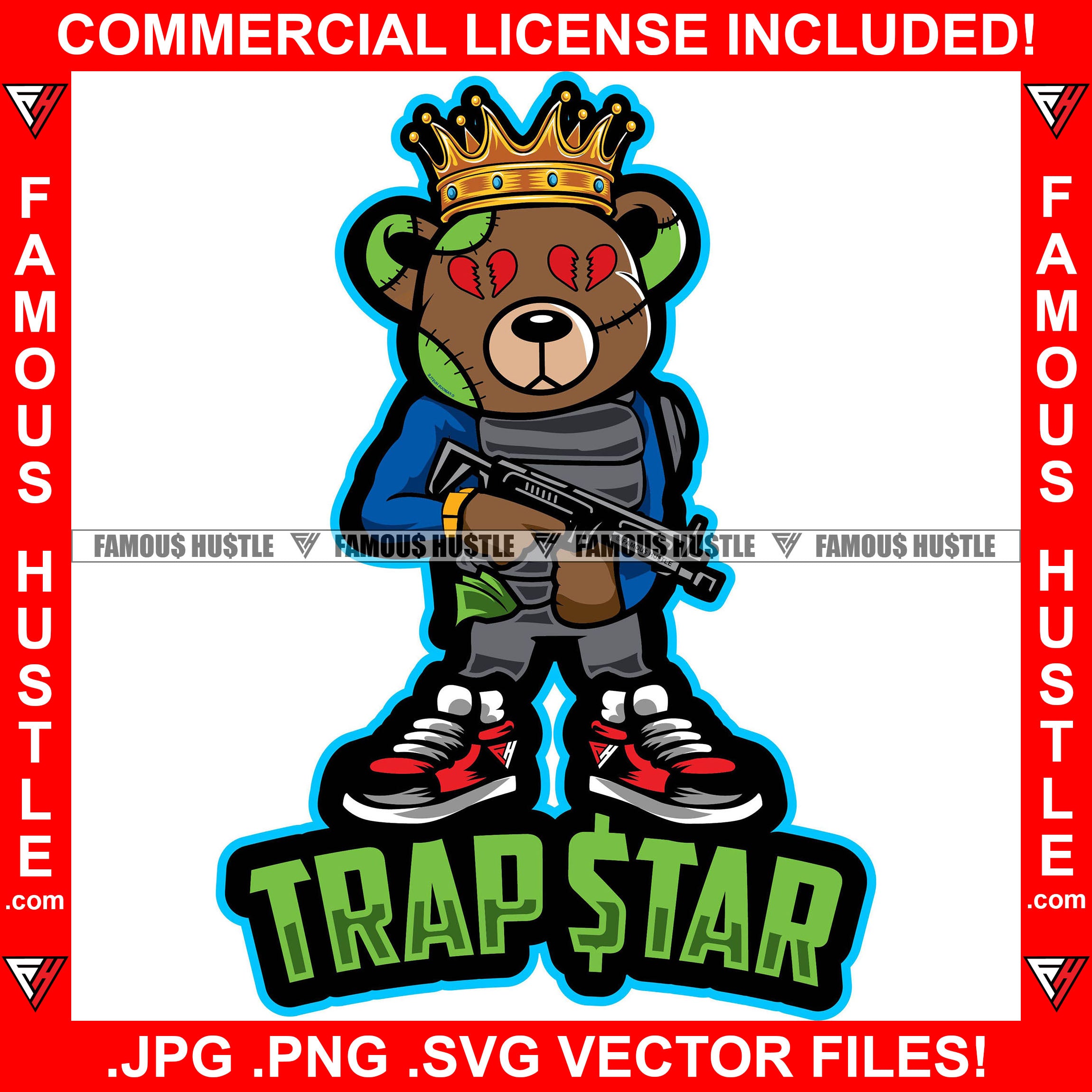 Trap Star King Gangster Teddy Bear Machine Gun Bullet Proof Jacket Stitch Head Broken Heart Eyes Gold Jewelry Necklace Tattoo Hip Hop Street Hood Ghetto Swag Thug Dripping Quote Art Graphic Design Logo T-Shirt Print Printing JPG PNG SVG Vector Cut File
