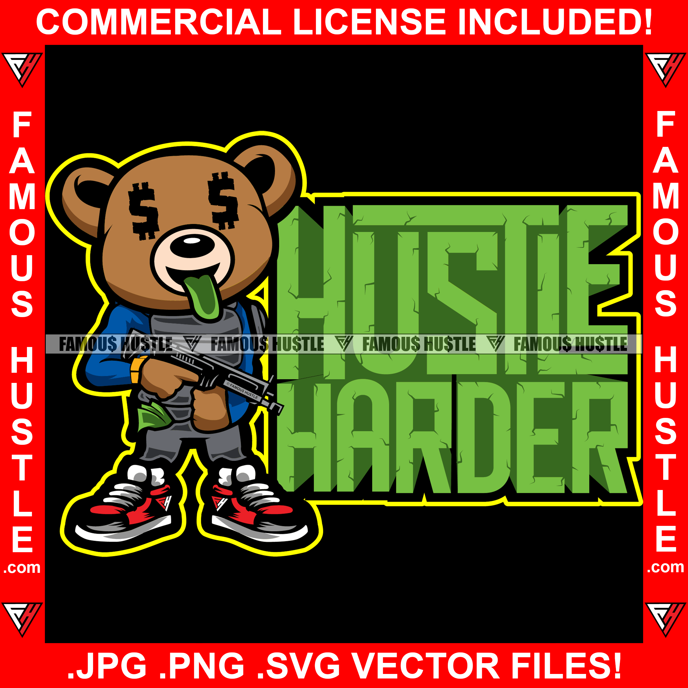 Hustle Harder Gangster Teddy Bear Money Sticking Green Tongue Out Bullet Proof Vest Machine Gun Hip Hop Rap Rapper Plug Trap Street Hood Ghetto Hustler Hustling Quote Art Graphic Design Logo T-Shirt Print Printing JPG PNG SVG Vector Cut File