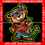 Gangster Teddy Bear Head Bandanna Black Glasses Cash Gold Dollar Sign Earrings Jewelry Sword Cash Money Bag Skateboard Hip Hop Rap Plug Trap Street Hood Swag Thug Art Graphic Design Logo T-Shirt Print Printing JPG PNG SVG Vector Cut File