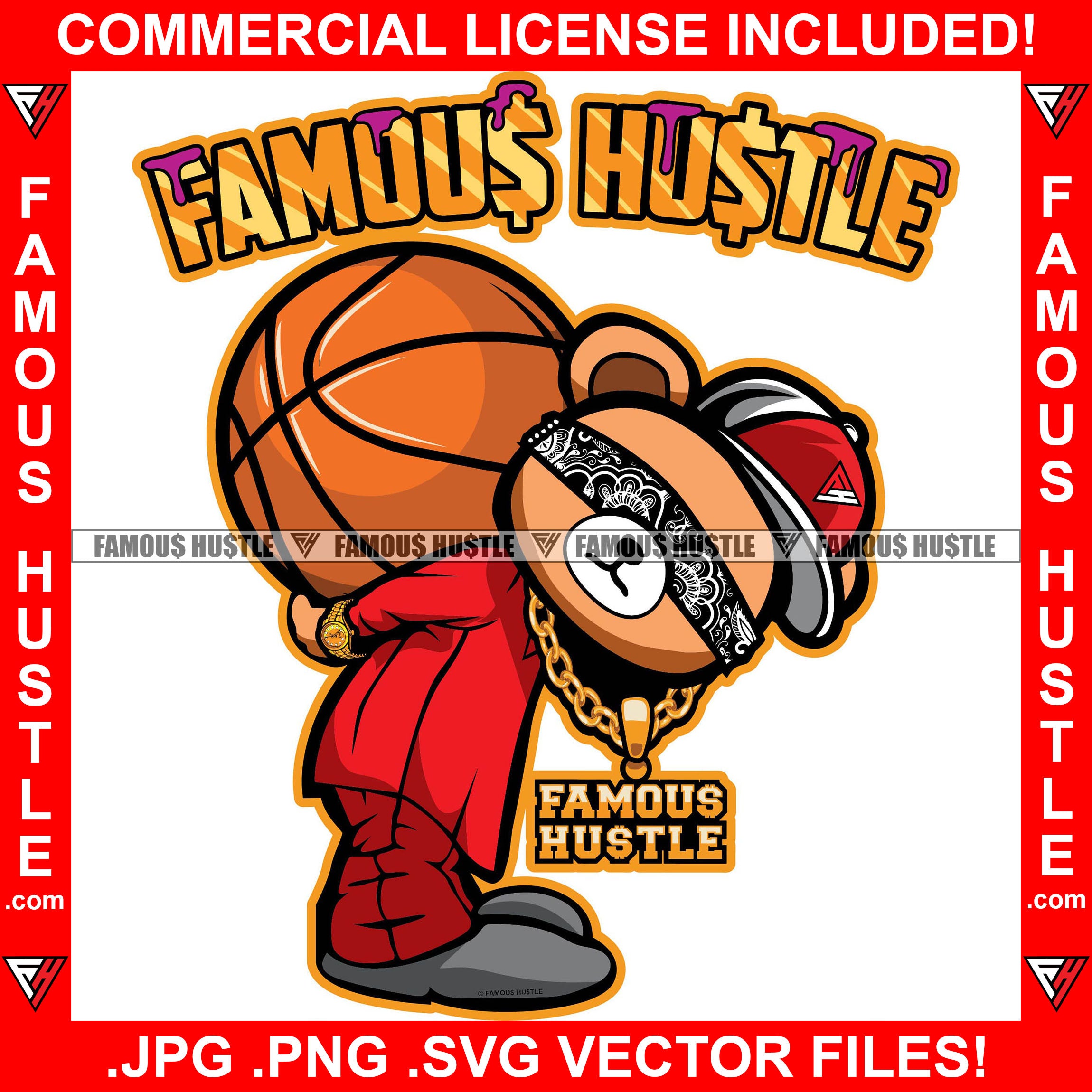 Famous Hustle Purple Drink Lean Drip Dripping Gangster Teddy Bear Big Baseball Bandanna Blindfold Covering Eyes Gold Jewelry Necklace Hip Hop Rap Hustler Boss Drip Swag Quote Art Graphic Design Logo T-Shirt Print Printing JPG PNG SVG Vector Cut File