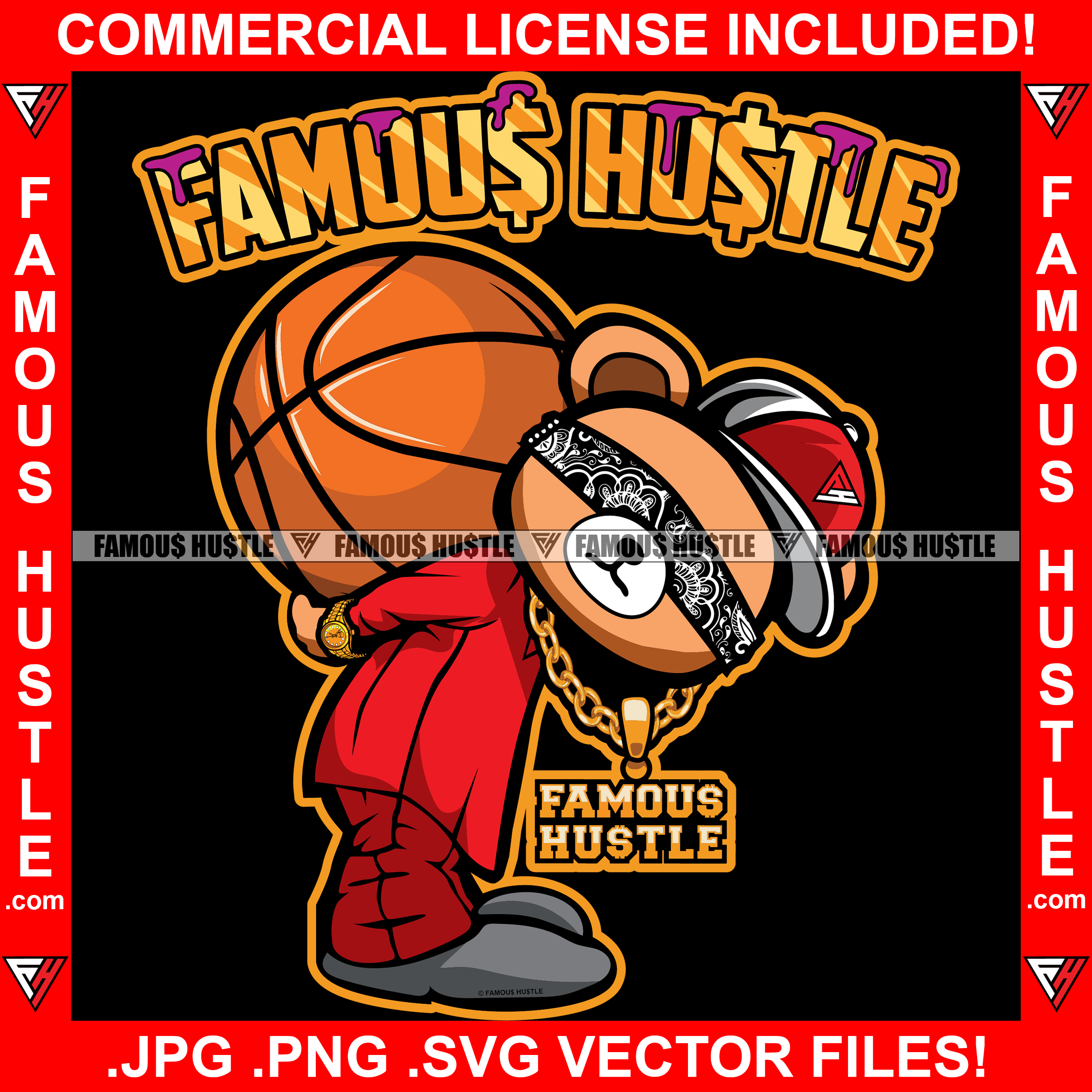Famous Hustle Purple Drink Lean Drip Dripping Gangster Teddy Bear Big Baseball Bandanna Blindfold Covering Eyes Gold Jewelry Necklace Hip Hop Rap Hustler Boss Drip Swag Quote Art Graphic Design Logo T-Shirt Print Printing JPG PNG SVG Vector Cut File