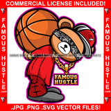 Famous Hustle Cute Teddy Bear Gold Jewelry Basketball Ball On Back Eyes Cover Cap Baller Tattoo Hip Hop Rap Hustler Gangster Boss Drip Swag Thug Street Rich Cartoon Character Art Graphic Design Logo T-Shirt Print Printing JPG PNG SVG Vector Cut File