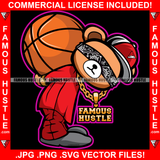 Famous Hustle Cute Teddy Bear Gold Jewelry Basketball Ball On Back Eyes Cover Cap Baller Tattoo Hip Hop Rap Hustler Gangster Boss Drip Swag Thug Street Rich Cartoon Character Art Graphic Design Logo T-Shirt Print Printing JPG PNG SVG Vector Cut File