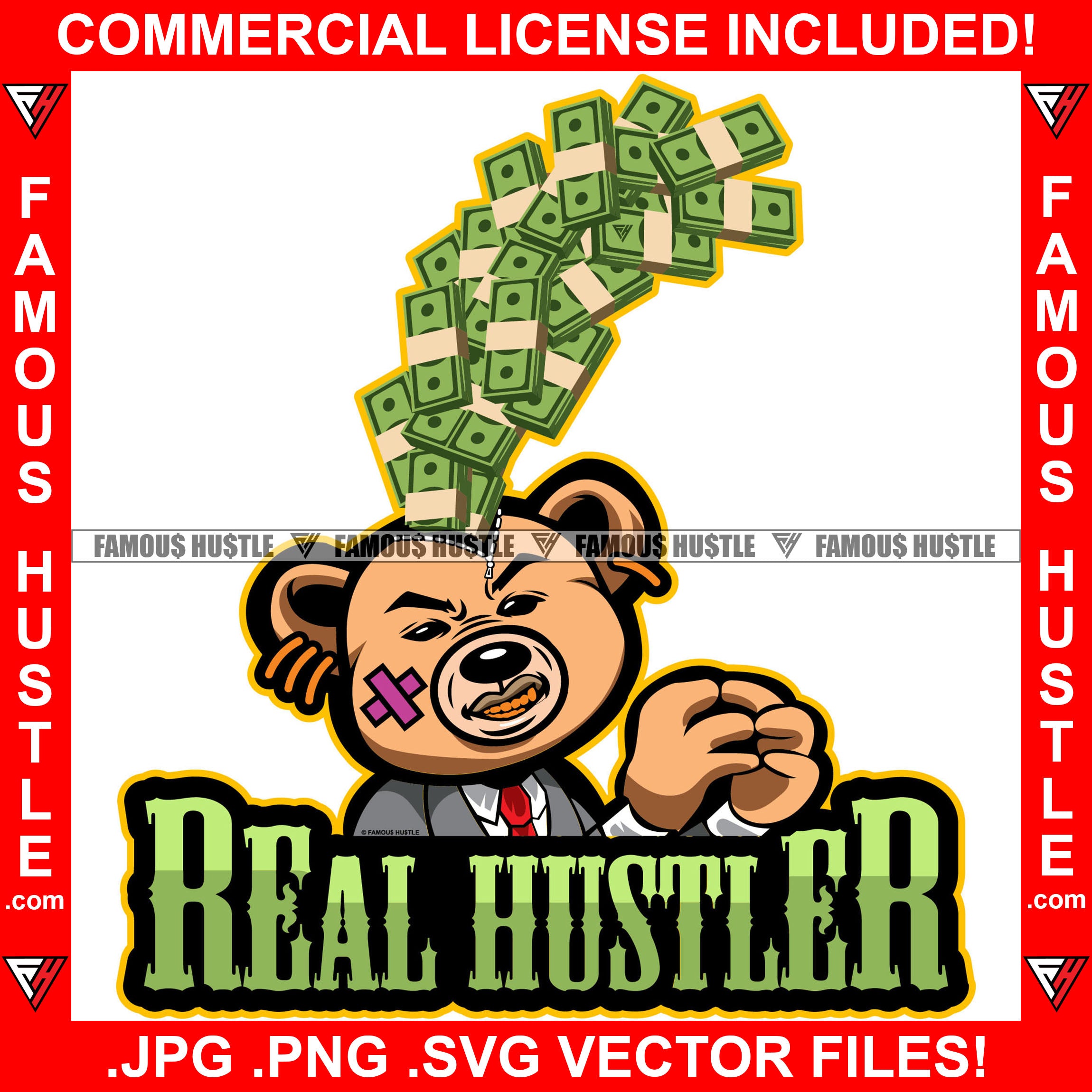 Real Hustler Famous Hustle Gangster Teddy Bear Head Split Money Coming Out Face Bandage Gold Teeth Jewelry Hip Hop Rap Hustler Hustling Boss Drip Swag Quote Art Graphic Design Logo T-Shirt Print Printing JPG PNG SVG Vector Cut File