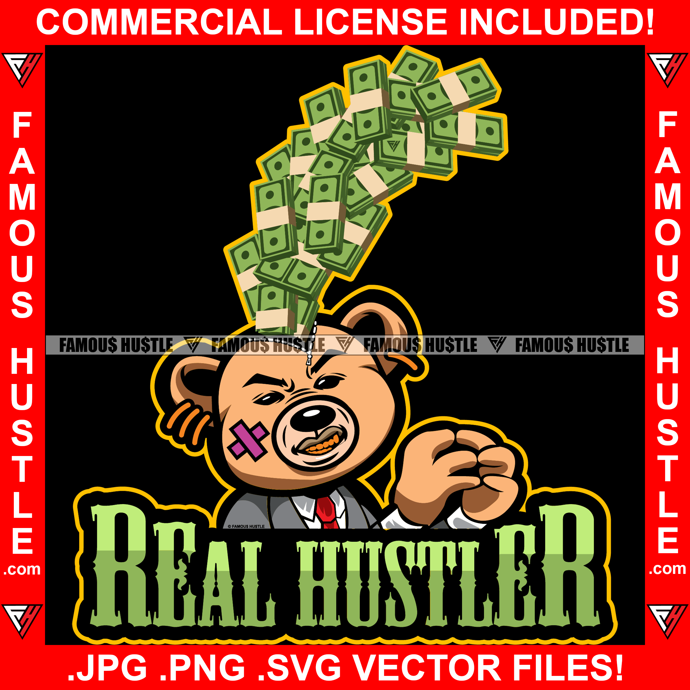 Real Hustler Famous Hustle Gangster Teddy Bear Head Split Money Coming Out Face Bandage Gold Teeth Jewelry Hip Hop Rap Hustler Hustling Boss Drip Swag Quote Art Graphic Design Logo T-Shirt Print Printing JPG PNG SVG Vector Cut File