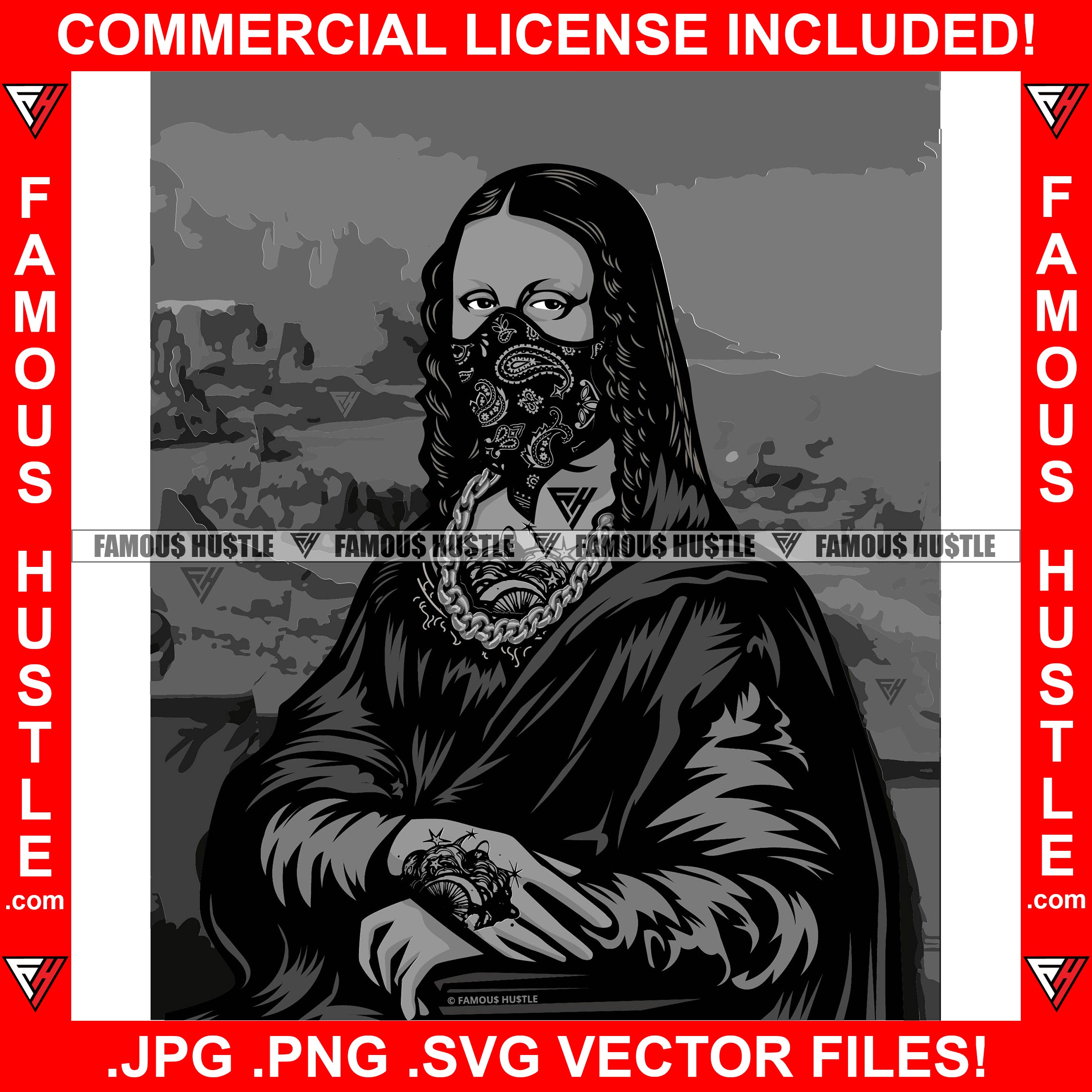 Gangster Mona Lisa Black Paisley Bandanna Face Mask Hand Tattoo Hip Hop Rap Rapper Plug Trap Street Hustler Hustling Gang Member Trap Trapper Gangsta Art Graphic Design Logo T-Shirt Print Printing JPG PNG SVG Vector Cut File