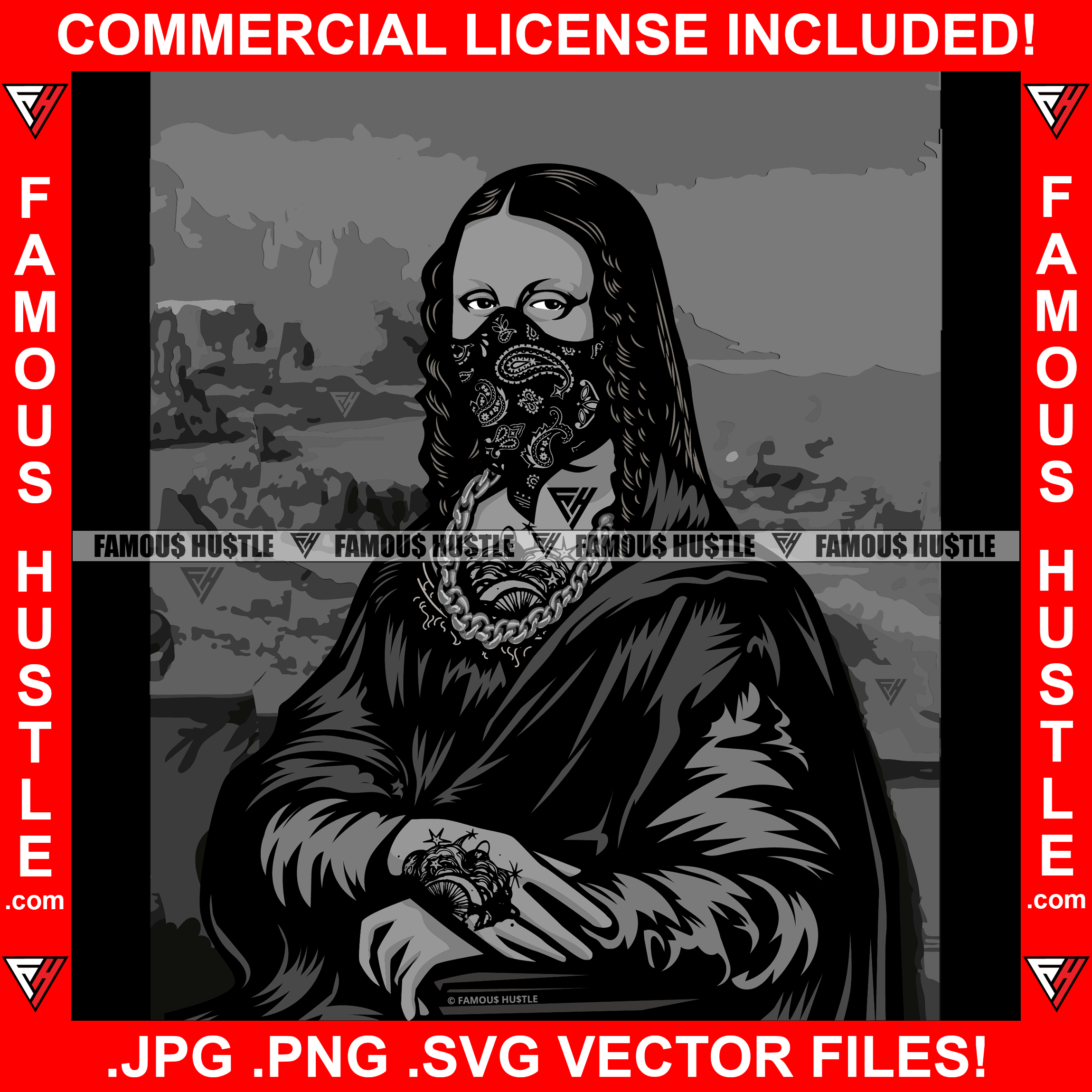 Gangster Mona Lisa Black Paisley Bandanna Face Mask Hand Tattoo Hip Hop Rap Rapper Plug Trap Street Hustler Hustling Gang Member Trap Trapper Gangsta Art Graphic Design Logo T-Shirt Print Printing JPG PNG SVG Vector Cut File