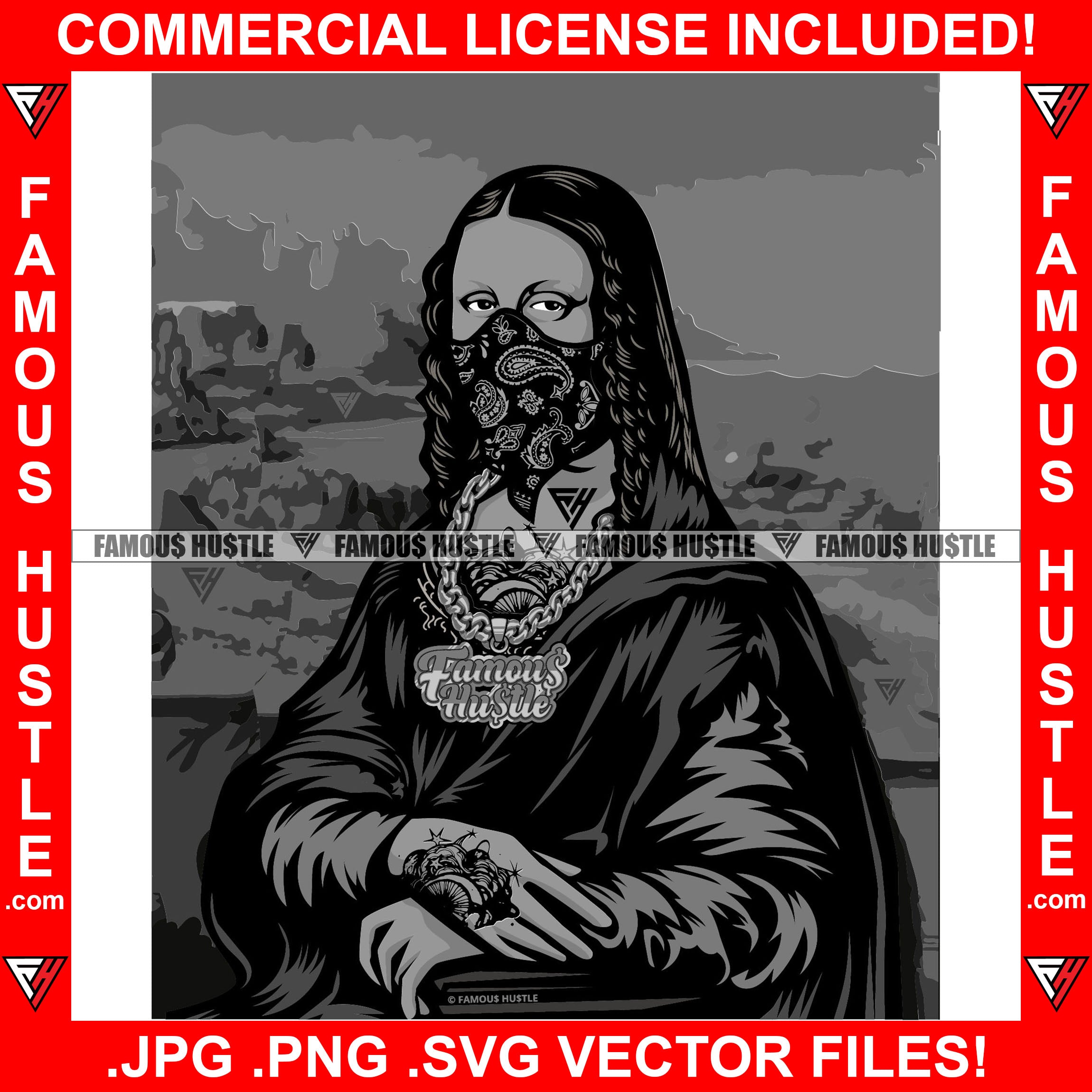 Gangster Mona Lisa Black Paisley Bandanna Face Mask Hand Tattoo Necklace Hip Hop Rap Rapper Plug Trap Street Hustler Hustling Gang Member Trap Trapper Gangsta Art Graphic Design Logo T-Shirt Print Printing JPG PNG SVG Vector Cut File
