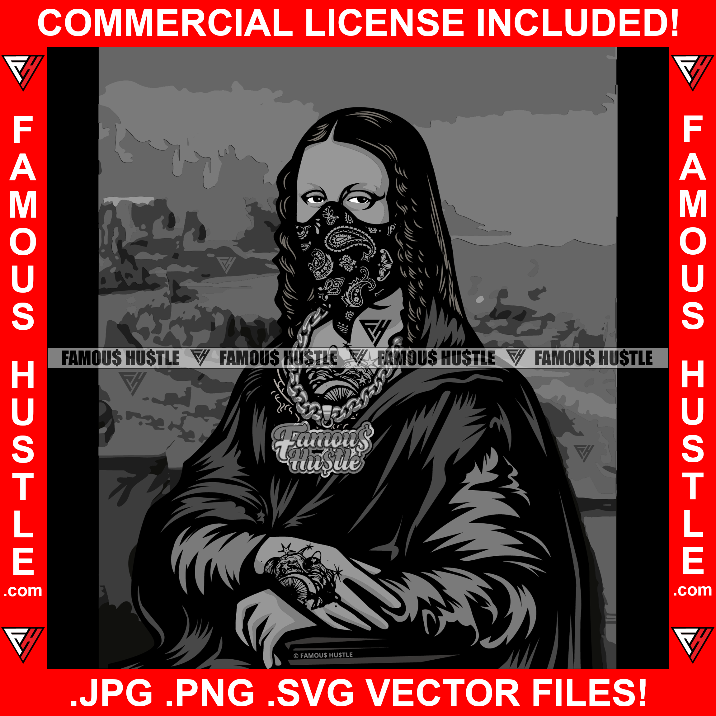 Gangster Mona Lisa Black Paisley Bandanna Face Mask Hand Tattoo Necklace Hip Hop Rap Rapper Plug Trap Street Hustler Hustling Gang Member Trap Trapper Gangsta Art Graphic Design Logo T-Shirt Print Printing JPG PNG SVG Vector Cut File