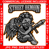 Street Demon Famous Hustle Gangster Black Angel Wings Statue Bandanna Face Mask Body Tattoo Bazooka Missile Launcher Hip Hop Rap Trap Hustler Quote Art Graphic Design Logo T-Shirt Print Printing JPG PNG SVG Vector Cut File