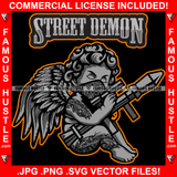 Street Demon Famous Hustle Gangster Black Angel Wings Statue Bandanna Face Mask Body Tattoo Bazooka Missile Launcher Hip Hop Rap Trap Hustler Quote Art Graphic Design Logo T-Shirt Print Printing JPG PNG SVG Vector Cut File