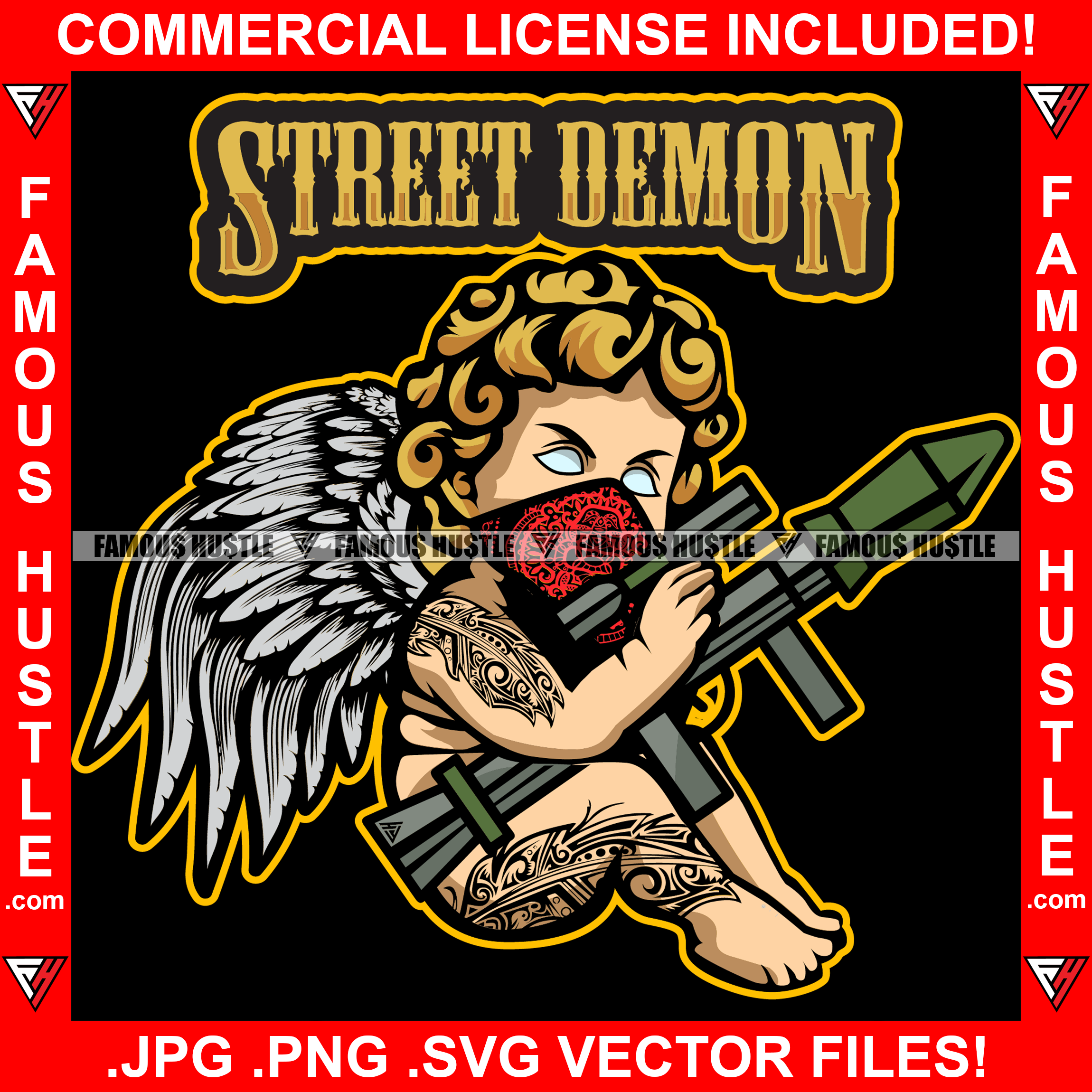 Street Demon Famous Hustle Gangster Angel Wings Red Bandanna 