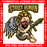 Street Demon Famous Hustle Gangster Angel Wings Red Bandanna Bazooka Rocket Missile Launcher Gun Face Mask Body Tattoo Hip Hop Rap Trap Hustler Gang Member Hustling Quote Art Graphic Design Logo T-Shirt Print Printing JPG PNG SVG Vector Cut File