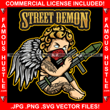 Street Demon Famous Hustle Gangster Angel Wings Red Bandanna Bazooka Rocket Missile Launcher Gun Face Mask Body Tattoo Hip Hop Rap Trap Hustler Gang Member Hustling Quote Art Graphic Design Logo T-Shirt Print Printing JPG PNG SVG Vector Cut File