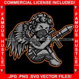 Street Demon Famous Hustle Gangster Black Angel Wings Statue Bandanna Face Mask Body Tattoo Bazooka Missile Launcher Hip Hop Rap Trap Hustler Art Graphic Design Logo T-Shirt Print Printing JPG PNG SVG Vector Cut File