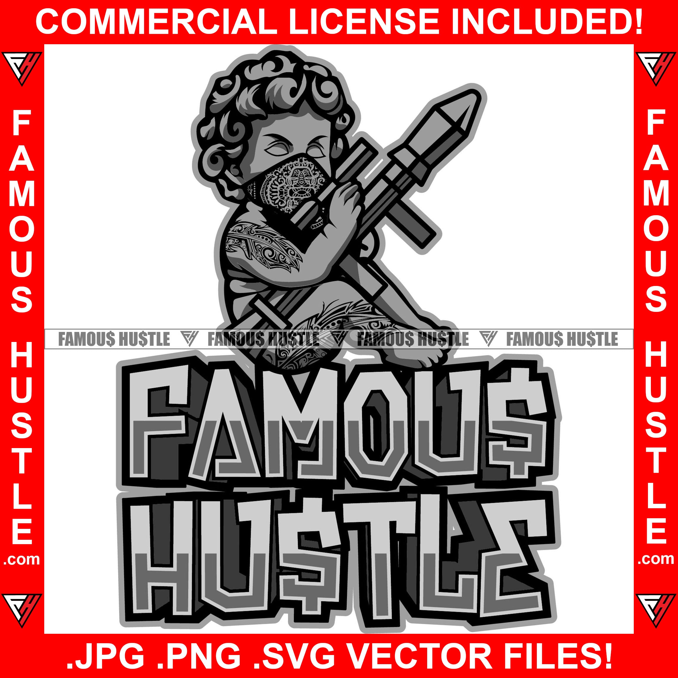 Famous Hustle Gangster Statue Baby Paisley Bandanna Face Mask Body Tattoo Holding Bazooka Missile Launcher Hip Hop Rap Trap Hustler Demon Rapper Dope Baller Trapper Hustling Quote Art Graphic Design Logo T-Shirt Print Printing JPG PNG SVG Vector Cut File