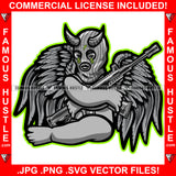 Demon Gangster Statue Devil Wings Satan Horns Ski Mask Gold Jewelry Holding Machine Gun Hip Hop Rap Rapper Plug Trap Street Trapper Trench Gang Member Art Graphic Design Logo T-Shirt Print Printing JPG PNG SVG Vector Cut File