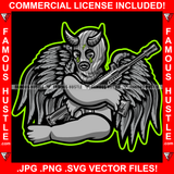 Demon Gangster Statue Devil Wings Satan Horns Ski Mask Gold Jewelry Holding Machine Gun Hip Hop Rap Rapper Plug Trap Street Trapper Trench Gang Member Art Graphic Design Logo T-Shirt Print Printing JPG PNG SVG Vector Cut File