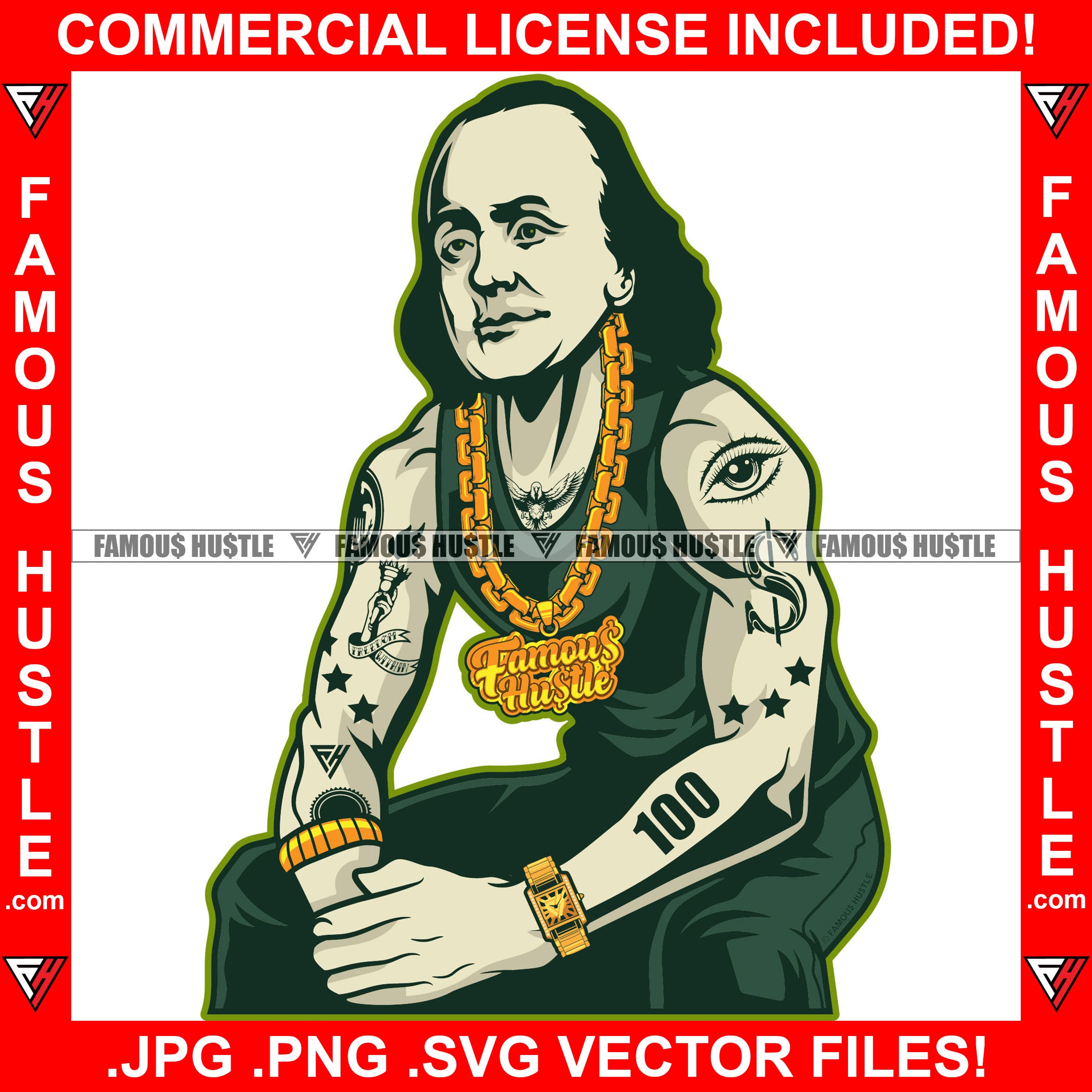 Gangster Ben Franklin President Gold Chain Necklace Tattoos Eye Dollar Sign Hip Hop Rap Rapper Plug Trap Street Hood Ghetto Rapper Dope Baller Trapper Hustling Flex Dripping Art Graphic Design Logo T-Shirt Print Printing JPG PNG SVG Vector Cut File