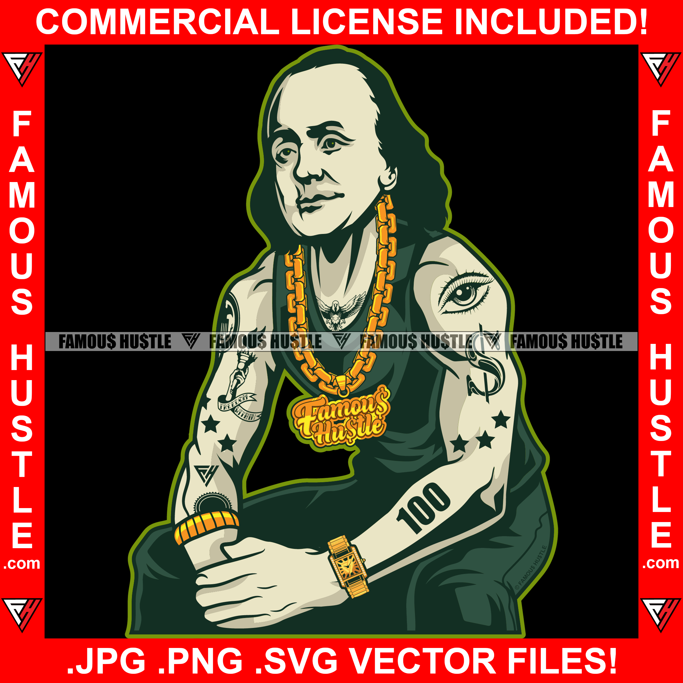 Gangster Ben Franklin President Gold Chain Necklace Tattoos Eye Dollar Sign Hip Hop Rap Rapper Plug Trap Street Hood Ghetto Rapper Dope Baller Trapper Hustling Flex Dripping Art Graphic Design Logo T-Shirt Print Printing JPG PNG SVG Vector Cut File