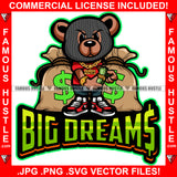 Big Dreams Gangster Teddy Bear Ski Mask Gold Jewelry Necklace Cash Money Bags Sneakers Tattoo Hip Hop Rap Hustler Hustling Famous Hustle Quote Art Graphic Design Logo T-Shirt Print Printing JPG PNG SVG Vector Cut File