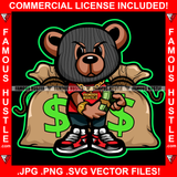 Big Dreams Gangster Teddy Bear Ski Mask Gold Jewelry Necklace Cash Money Bags Sneakers Tattoo Hip Hop Rap Hustler Hustling Famous Hustle Art Graphic Design Logo T-Shirt Print Printing JPG PNG SVG Vector Cut File